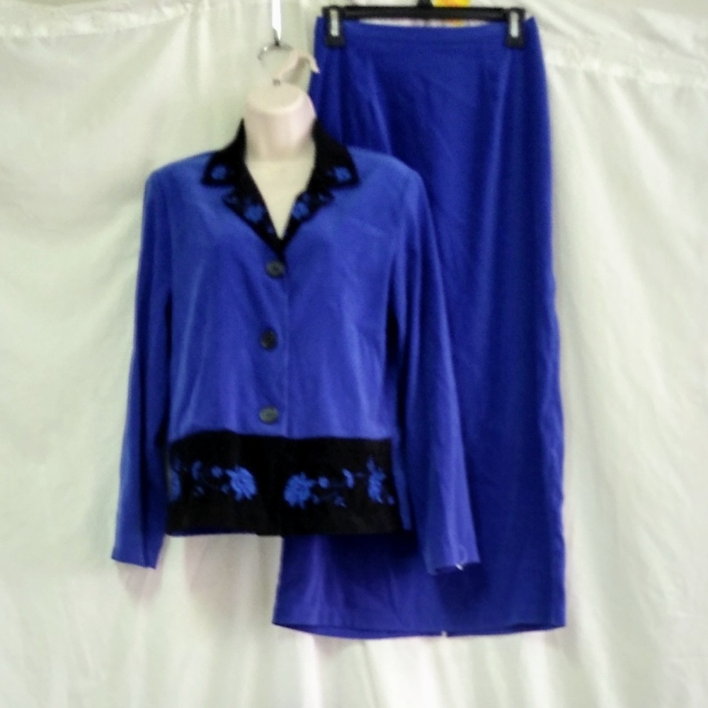 Vtg Notations 2 Piece Skirt Suit Blue Size Small